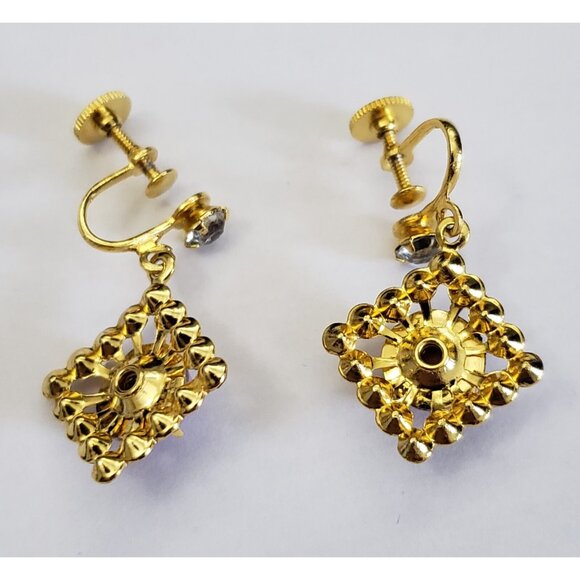 1 Pair Dangle Screw Back Earrings 1.25 in Glass Pink Cabochon Rhinestones VTG - Picture 4 of 4